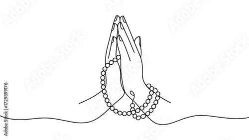 Minimalist line art illustration of praying hands with prayer beads draped around them symbolizing faith devotion and spiritual connection in a simple elegant design