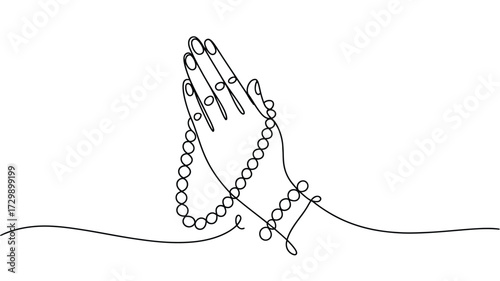 Minimalist continuous line drawing of praying hands with rosary beads symbolizing faith hope and spirituality in a simple elegant design