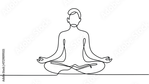 Minimalist single line drawing of a person meditating in a serene lotus pose symbolizing inner peace mindfulness and healthy lifestyle