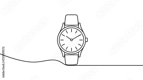 Elegant minimalist line art drawing of a classic oval faced wristwatch with a leather strap symbolizing time passing and timeless style