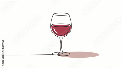 Elegant single line drawing of a champagne flute filled with red wine casting a soft shadow on a white background representing celebration and sophistication