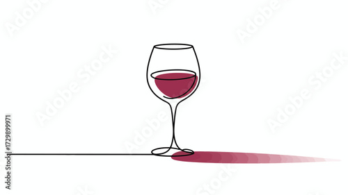 Elegant minimalist line art illustration of a wine glass filled with red wine casting a vibrant shadow on a clean white background perfect for beverage and celebration themes