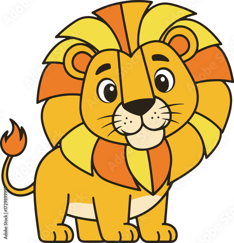 A cute, brightly colored cartoon lion illustration, standing with a friendly expression. It features a lush yellow and orange mane, a golden-yellow body, and a black outline.