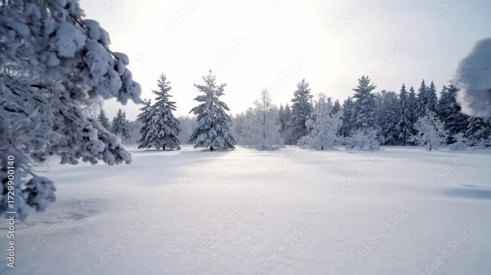 custom made wallpaper toronto digitalGentle handheld tracking shot through a quiet snowy landscape with frosted trees and soft winter light cinematic, soft winter light, peaceful