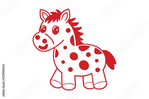 Charming red cartoon horse smiling with delightful polka dots stands isolated on white