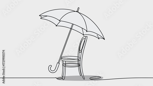 Minimalist line art drawing of an umbrella held open by a stool creating a whimsical and abstract shelter against a plain background symbolizing protection and creative solutions