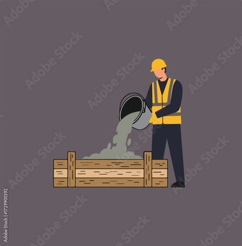 A construction worker is pouring cement into a wooden formwork, depicted in a flat cartoon illustration style.