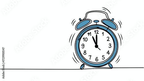 A vintage style blue alarm clock is ringing loudly with its bells vibrating and hands pointing to eleven oclock on a white background with a simple line drawing