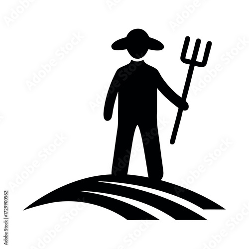 Silhouette of a farmer with a pitchfork standing on a stylized field under a wide brimmed hat