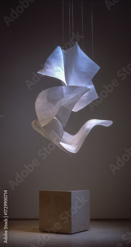 Abstract flowing white fabric sculpture suspended in air with dramatic lighting