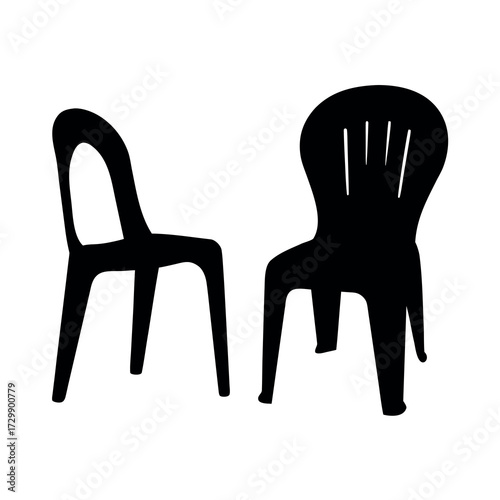 Two distinct black plastic chairs are silhouetted against a stark white background