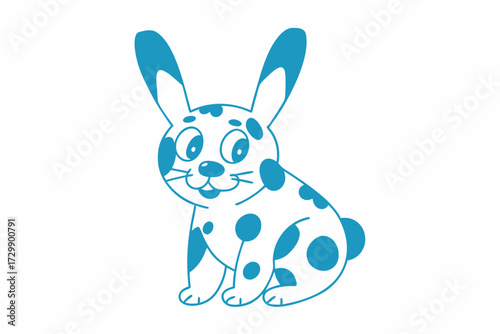 Cheerful blue cartoon bunny with polka dots sits upright, looking playfully forward with joy