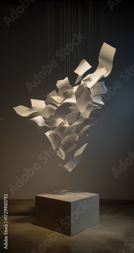 Abstract sculpture of layered paper or fabric suspended in a dimly lit studio