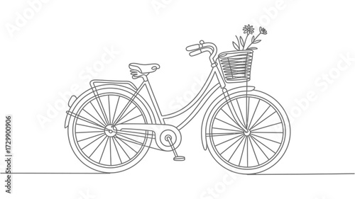 Elegant single line drawing of a vintage bicycle with a basket full of flowers representing a charming and romantic mode of transportation and a symbol of freedom and simple pleasures