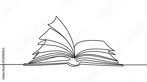 Minimalist continuous line drawing of an open book with pages fluttering in the wind symbolizing knowledge learning and imagination presented on a clean white background