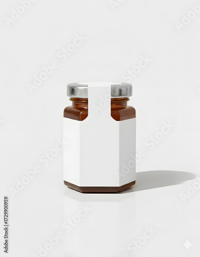 Hexagonal Brown Glass Jar with Blank Label on White Background - Product Mockup, Honey Bottle Mockup