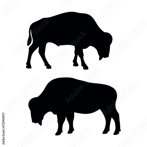 Two black silhouettes of bison grazing with their heads down against a white background