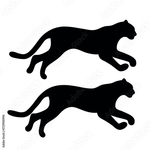 Two silhouetted black panthers in mid stride on a white background