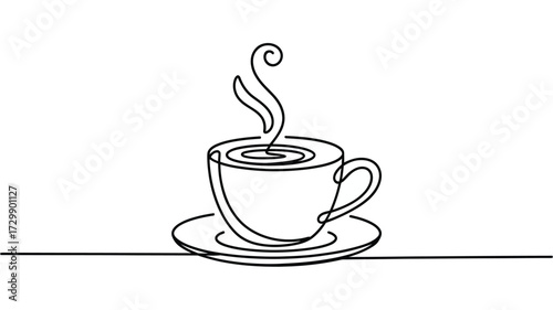 Minimalist single line drawing of a steaming hot cup of coffee or tea on a saucer representing a morning beverage or a break