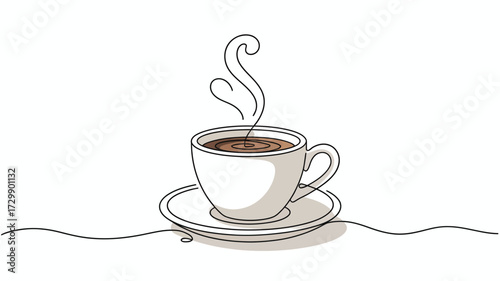 A minimalist line art drawing of a steaming cup of coffee on a saucer with delicate wisps of steam rising into the air creating a warm and inviting atmosphere