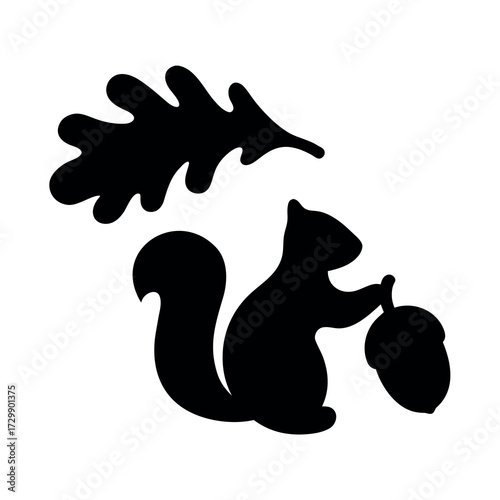 Silhouette of a squirrel holding an acorn with an oak leaf above
