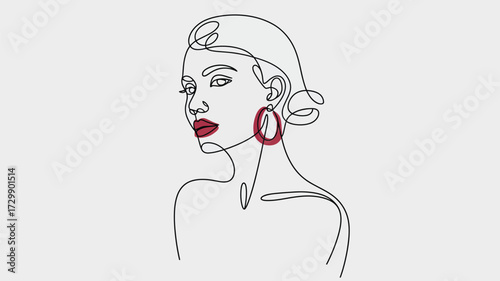 Elegant minimalist continuous line drawing of a woman s profile with bold red lips and large hoop earrings showcasing modern artistic beauty and fashion