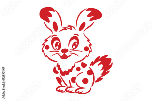 Cheerful spotted red bunny sits sweetly looking forward with its fluffy tail displayed prominently
