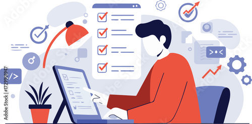 Concept of business productivity and efficient task management with a person working on a laptop checklist