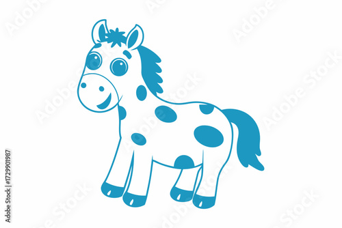 Cheerful turquoise pony cartoon features spots, a cute smile, and stands playfully