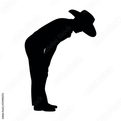 Silhouette of a person wearing a cowboy hat bending over with their hand on their head