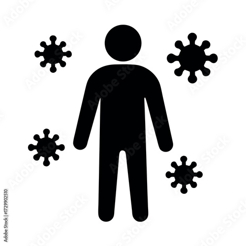 Black silhouette of a person surrounded by abstract virus icons representing illness or infection