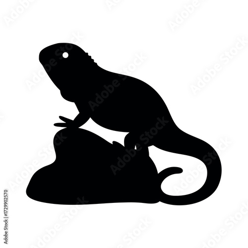 Silhouette of a bearded dragon lizard perched on a rock against a white background