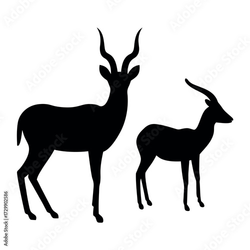 Silhouette of a large male antelope with impressive horns standing next to a smaller female antelope