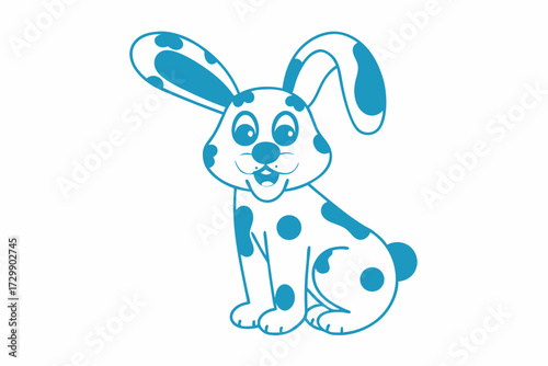 Cute blue spotted rabbit sitting upright with a cheerful expression over white
