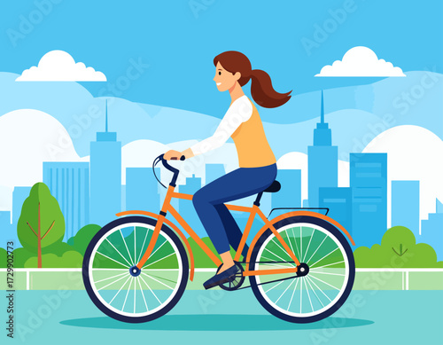 Woman riding a bicycle in a city park with skyscrapers and clouds in the background.