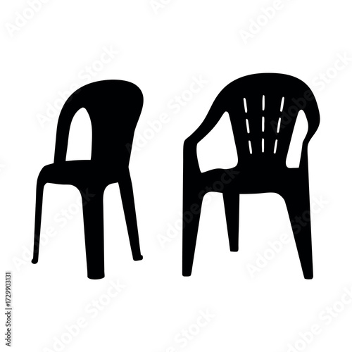 Two black plastic chairs one smaller than the other isolated on a white background