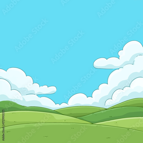 a cartoon landscape of grassy hills with clouds in the sky, animated in a simple vector style. the background is light blue and green