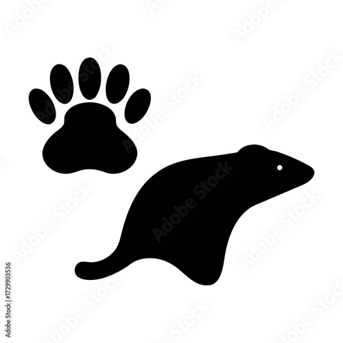 Black silhouette of a ferret and its paw print on a white background