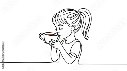 A young girl with her hair in a ponytail enjoys a warm beverage from a mug depicted in a simple elegant line art style with a white background