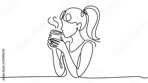 Minimalist continuous line drawing of a young woman with her hair in a ponytail enjoying a hot beverage from a takeaway cup steam rising