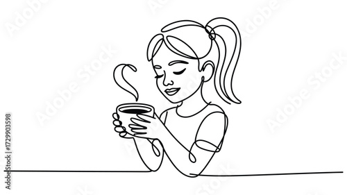 A simple line drawing of a young woman with her hair in a ponytail holding a steaming mug of coffee or tea with her eyes closed in peaceful enjoyment