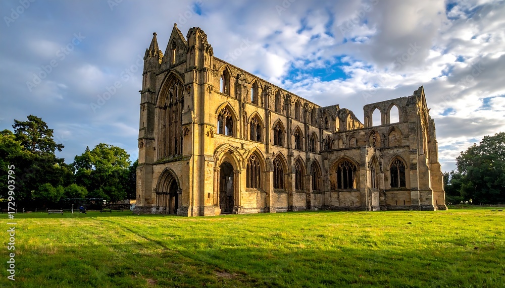 Fototapeta premium Ancient abbey ruins bathed in golden light