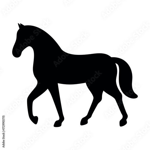 Elegant black silhouette of a horse in motion against a white background