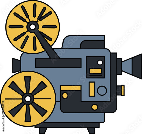 Vintage film projector vector illustration with retro reels, cinematic equipment, classic movie device, old-school media technology for creative content