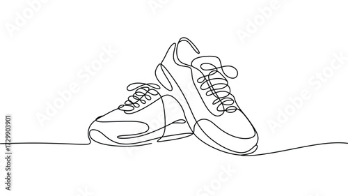 Minimalist continuous line drawing of a pair of athletic sneakers or running shoes showcasing their form and design with simple elegant strokes on a clean white background