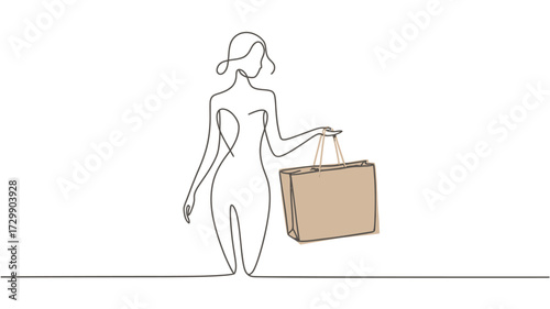 Elegant single line drawing of a fashionable woman wearing a hat and holding a shopping bag minimalist style representing shopping and style