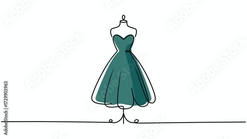 Elegant emerald green formal gown displayed on a minimalist mannequin with a delicate line drawing of a runway or path below symbolizing fashion and design