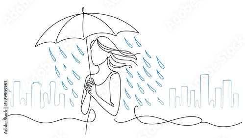 Elegant line art illustration of a woman holding an umbrella in the rain with a city skyline silhouette in the background conveying a sense of solitude and contemplation