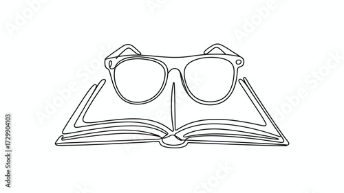 Minimalist continuous line drawing of an open book with eyeglasses resting on its pages symbolizing knowledge reading education and study in a simple artistic style