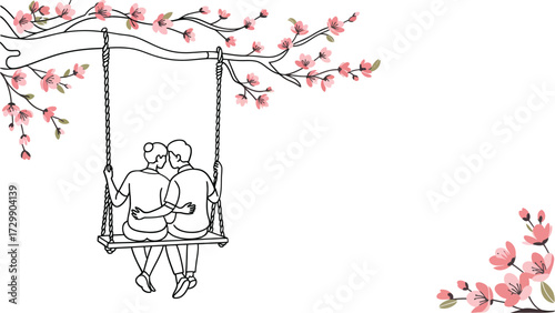 Romantic couple on a swing under a blooming cherry blossom tree with the words forever and always symbolizing enduring love and togetherness in a beautiful spring setting